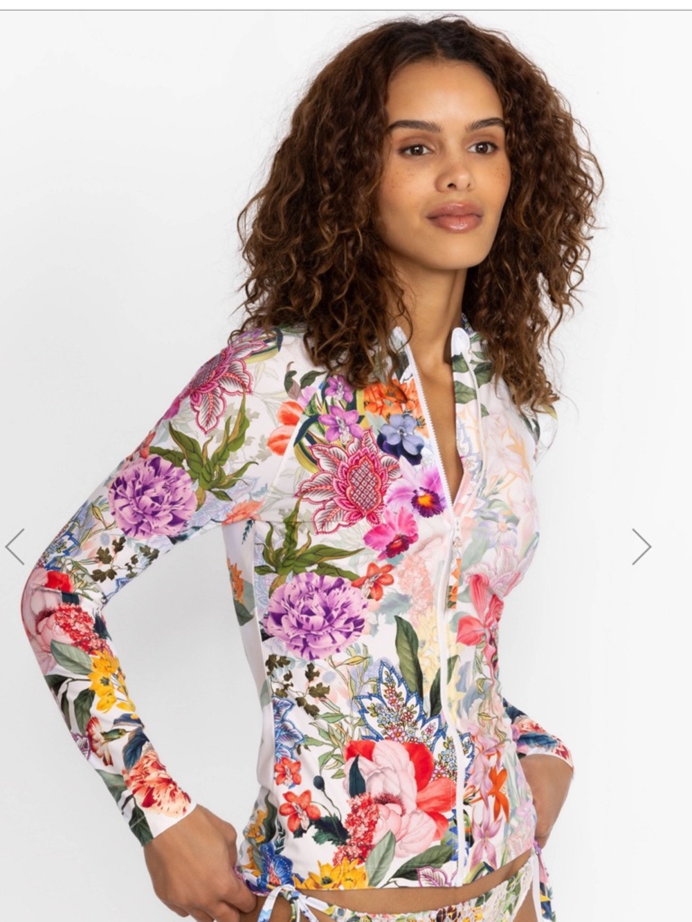 Johnny Was Floral Zip-Front Rash Guard — White with Multicolor Florals medium